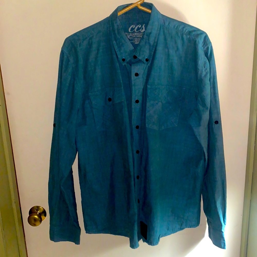 CCS skateboard company button up long sleeve turquoise shirt size LG %100 cotton